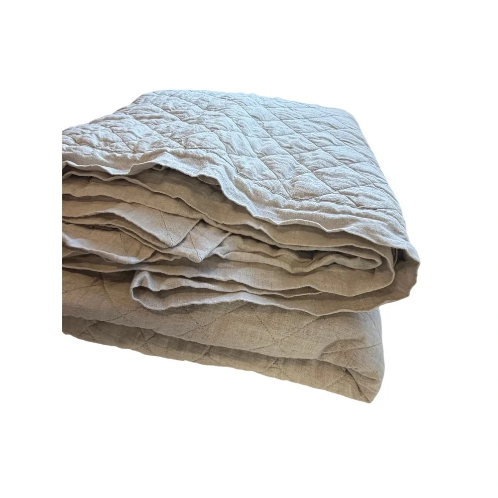 Unbranded Oatmeal Quilted Linen Coverlet Full, Neutral Diamond Stitch Linen